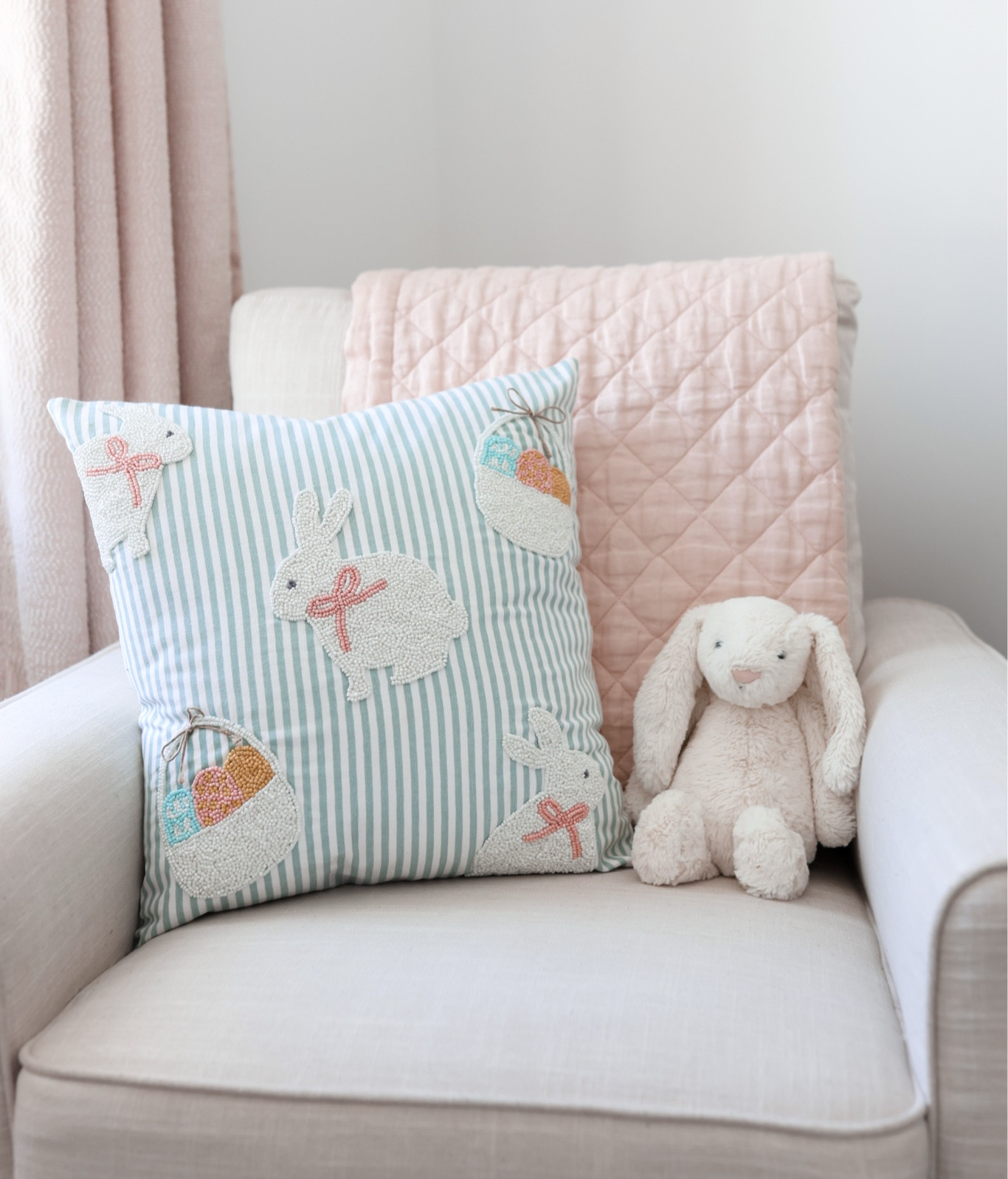 The cutest Easter pillow. I love the stripes and beaded detail. I used it for some festive Easter decor in the nursery. 

#LTKKids #LTKSeasonal #LTKHome
