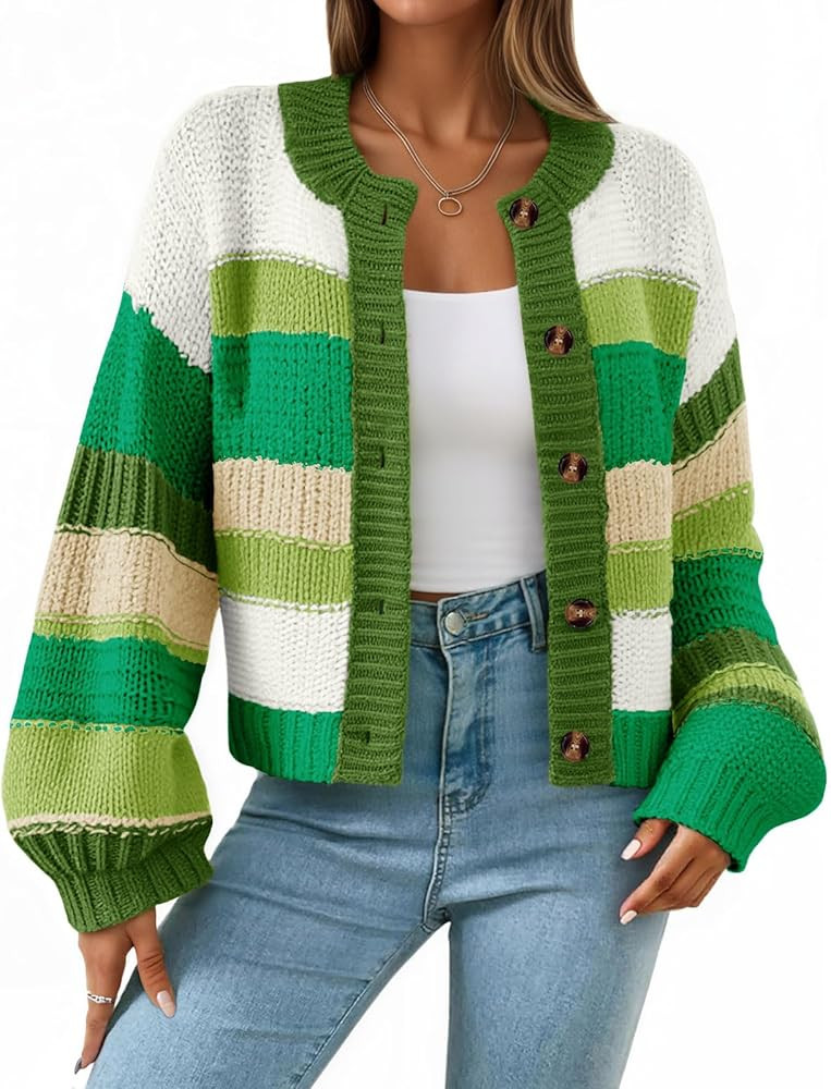 Saodimallsu Womens Striped Chunky Cardigan Sweaters Button Up Fall Trendy Color Block Long Sleeve... | Amazon (US)