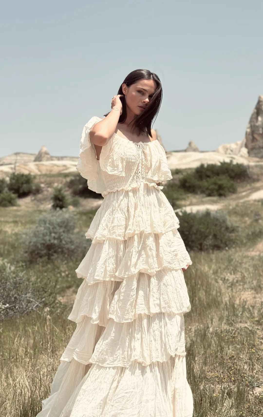 Romantic Cream Ruffle Maxi Dress With off Shoulder Sleeves and Lace-up Front – Bohemian Tiered ... | Etsy (US)
