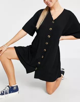 ASOS DESIGN v neck button through mini smock dress in black | ASOS (Global)