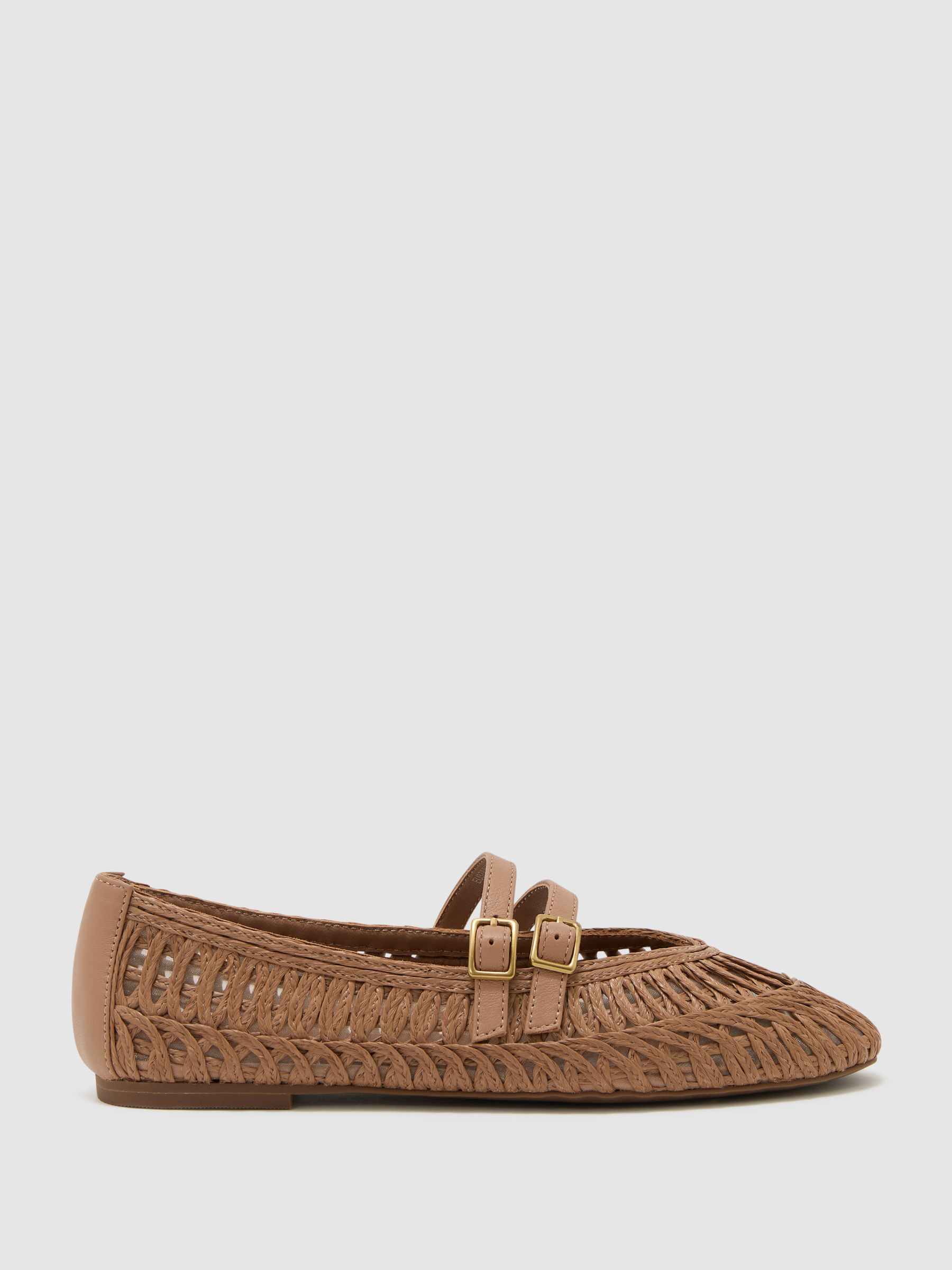 Reiss Woven Ballerina-Strap Flats in Neutral - REISS | Reiss UK