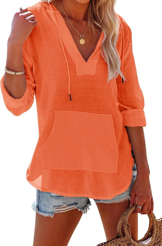 Ebifin Women's Beach Cover Up Hoodies Sweatshirt Long Sleeve V Neck Pocketed Hooded Shirt Top | Amazon (US)