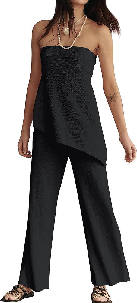 2 Piece Sets for Women Tube Tops and Pants Lounge Sweater Sets Summer Beach Travel Vacation Outfi... | Amazon (US)