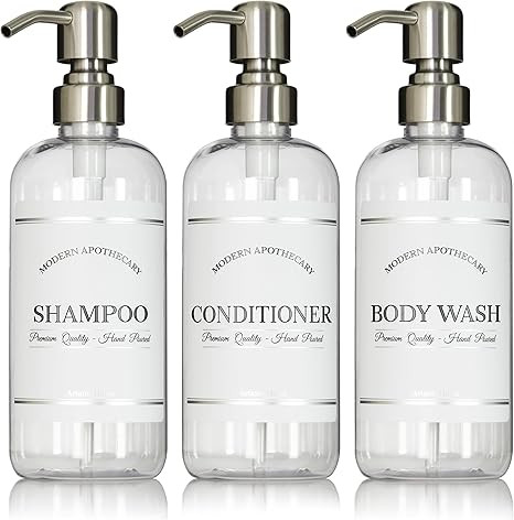 Refillable Clear PET Plastic Shampoo, Conditioner, Body Wash with Stainless Steel Pump Dispensers... | Amazon (US)