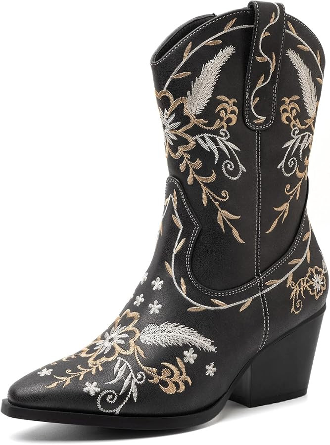 ANJOUFEMME Western Women's Cowboy Cowgirl Boots,Embroidered Round-toe Mid-calf Boots | Amazon (US)