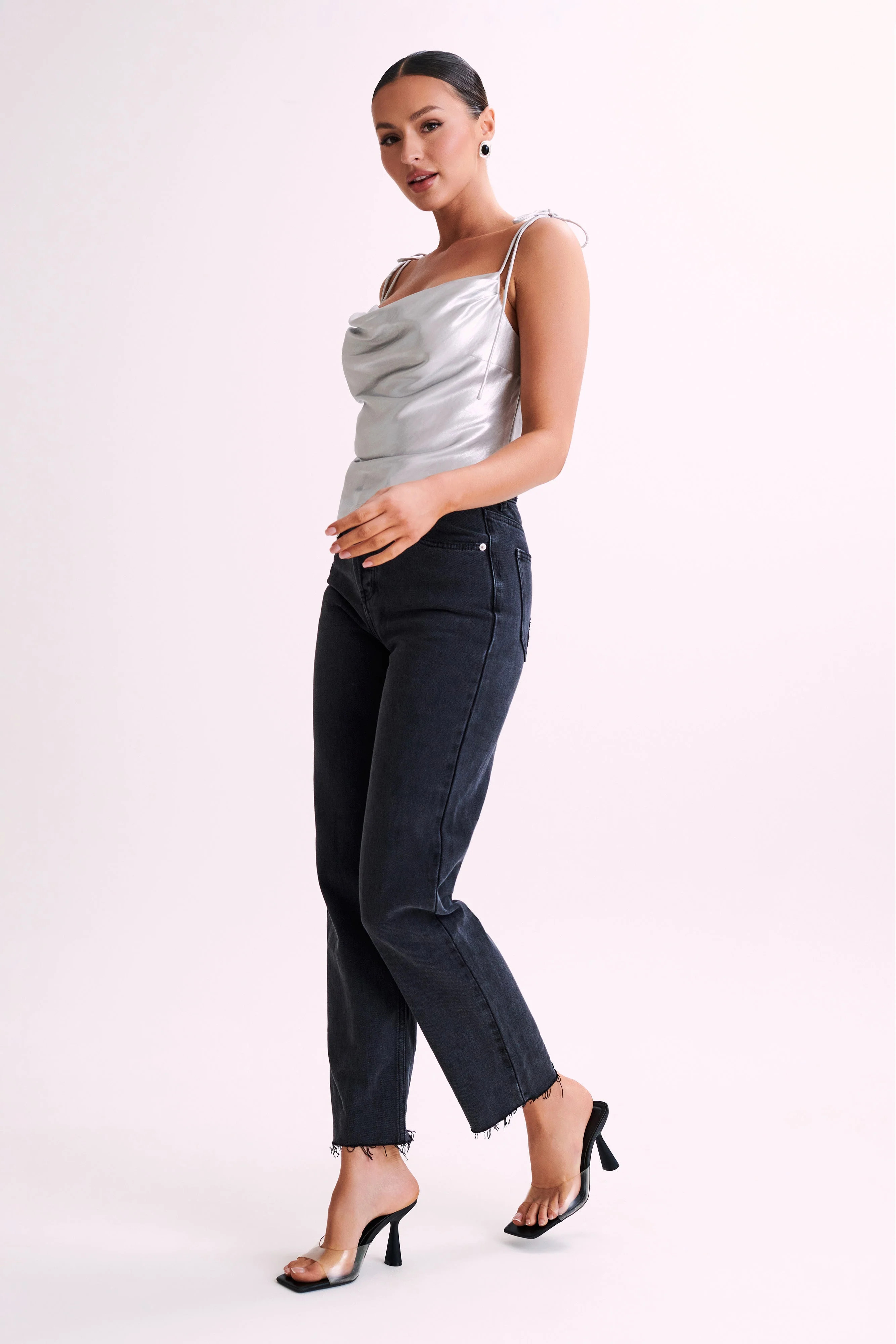 Zavani Asymmetrical Satin Camisole - Silver | MESHKI US