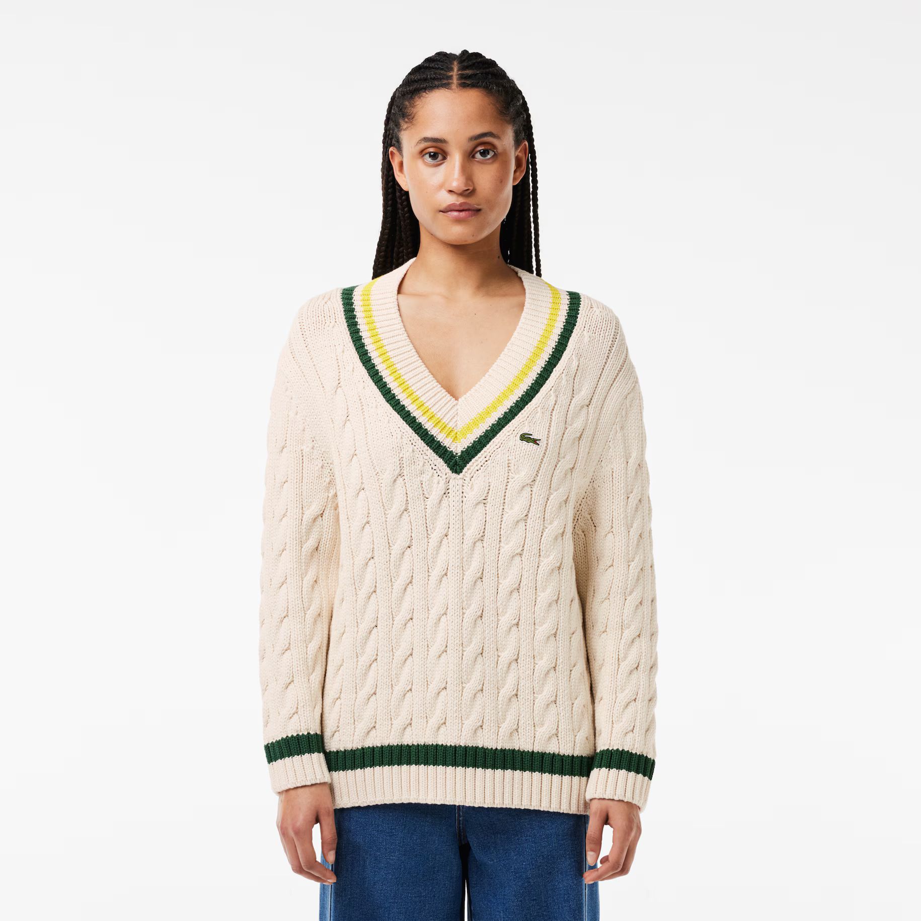 Women's Contrast Accent Cable Knit V Neck Sweater | Lacoste (US)