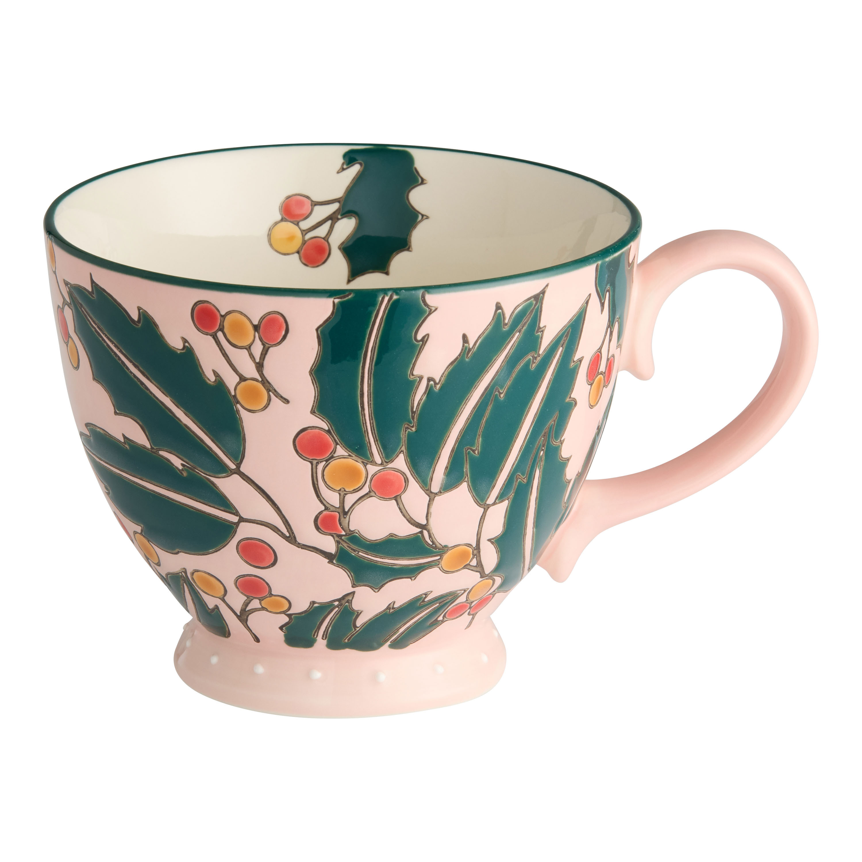 Pink and Green Holly Hand Painted Ceramic Mug | World Market