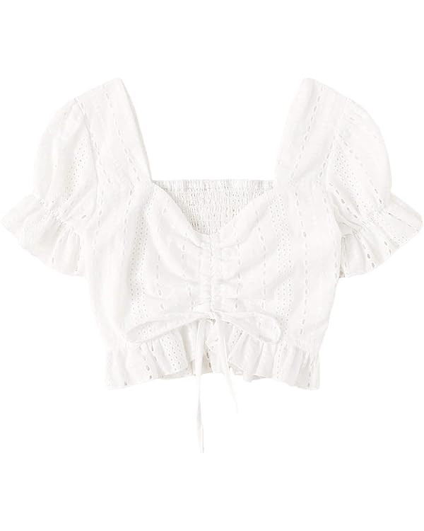 Floerns Women's Summer Square Neck Schiffy Drawstring Front Crop Top Blouse | Amazon (US)