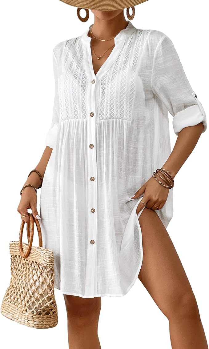 Bsubseach Women Beach Cover Ups V Neck Button Down Swimsuit Coverup Summer Swim Long Sleeve Cover... | Amazon (US)