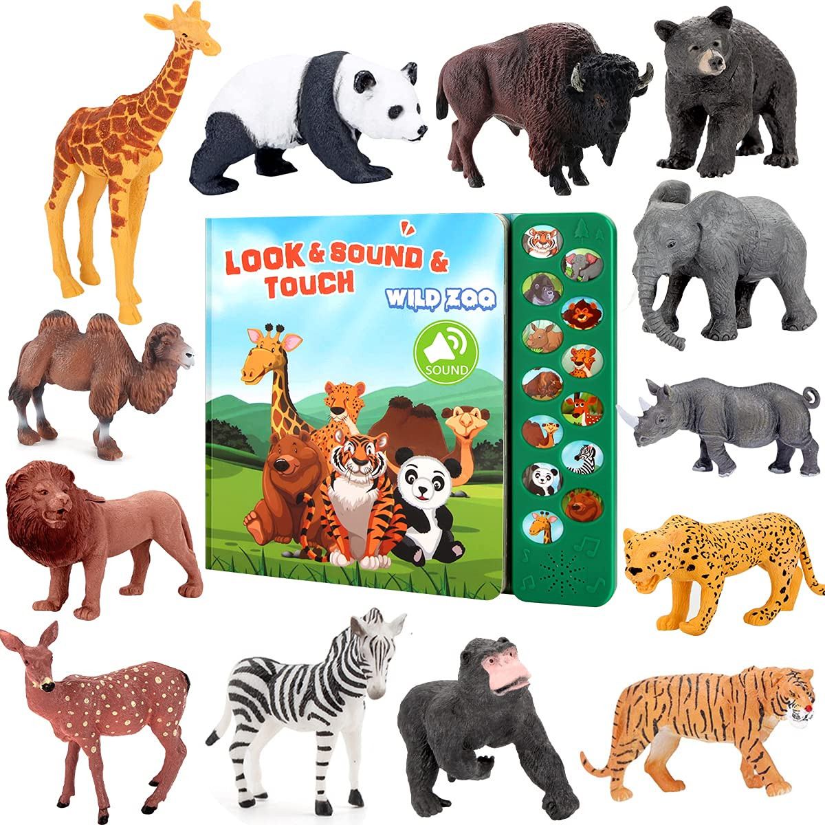 Safari Animals Figures Toys - 13 Realistic Wild Plastic Animal Figurines & Kids Sound Book - Educ... | Amazon (US)