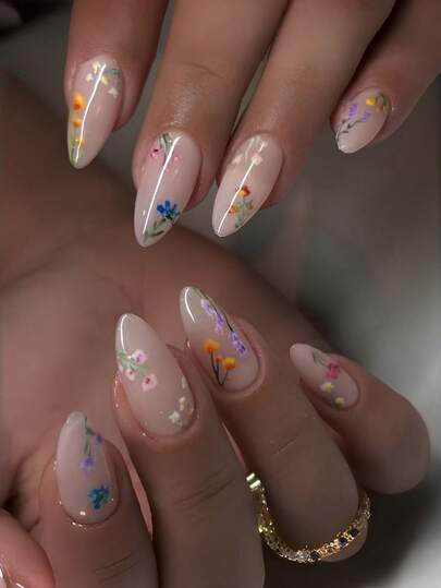 24pcs Almond-Shaped Nail Stickers, With Fresh Nude Base And Colorful Floral Patterns. The Set Inc... | SHEIN