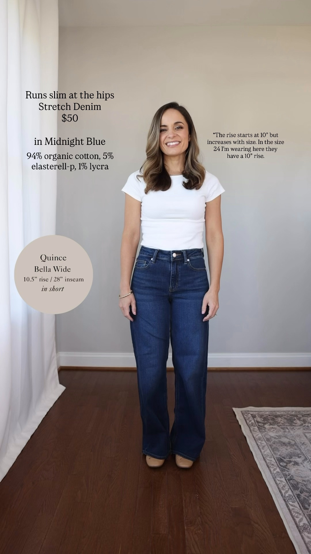 I share a lot of petite-friendly wide leg jeans. Here is a comparison of my top five. 

Bella Wide: 24 short in midnight blue / 10.5” rise (starting at 10” in smaller sizes) / 28” inseam 

Top: xs

For size comparison, I’m 4’10” 105lbs. My measurements are 32”, 24”, 36”. I typically wear petite xxs/00/24 and have a 25” ankle inseam and a 27.5-28” full length inseam.

#LTKPetite