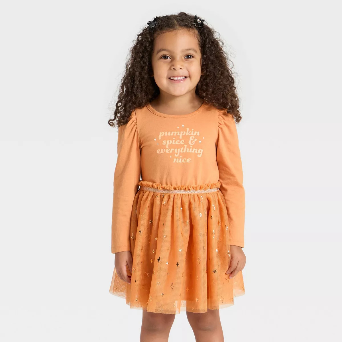 Toddler Girls' Long Sleeve Halloween Pumpkin Spice Tulle Dress - Cat & Jack™ Brown 12M | Target