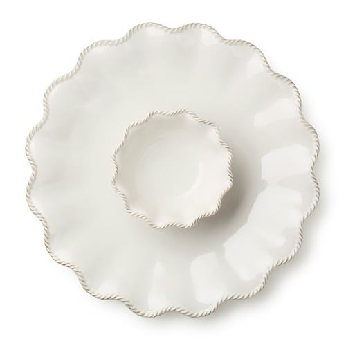 Heritage Ivory Stoneware Chip & Dip Set, 2-Piece – 15” Scalloped Serving Platter with 6” Dip Bowl (14oz) – Elegant Ripple-Edge Design for Entertaining, Snacks, & Appetizers | Amazon (US)