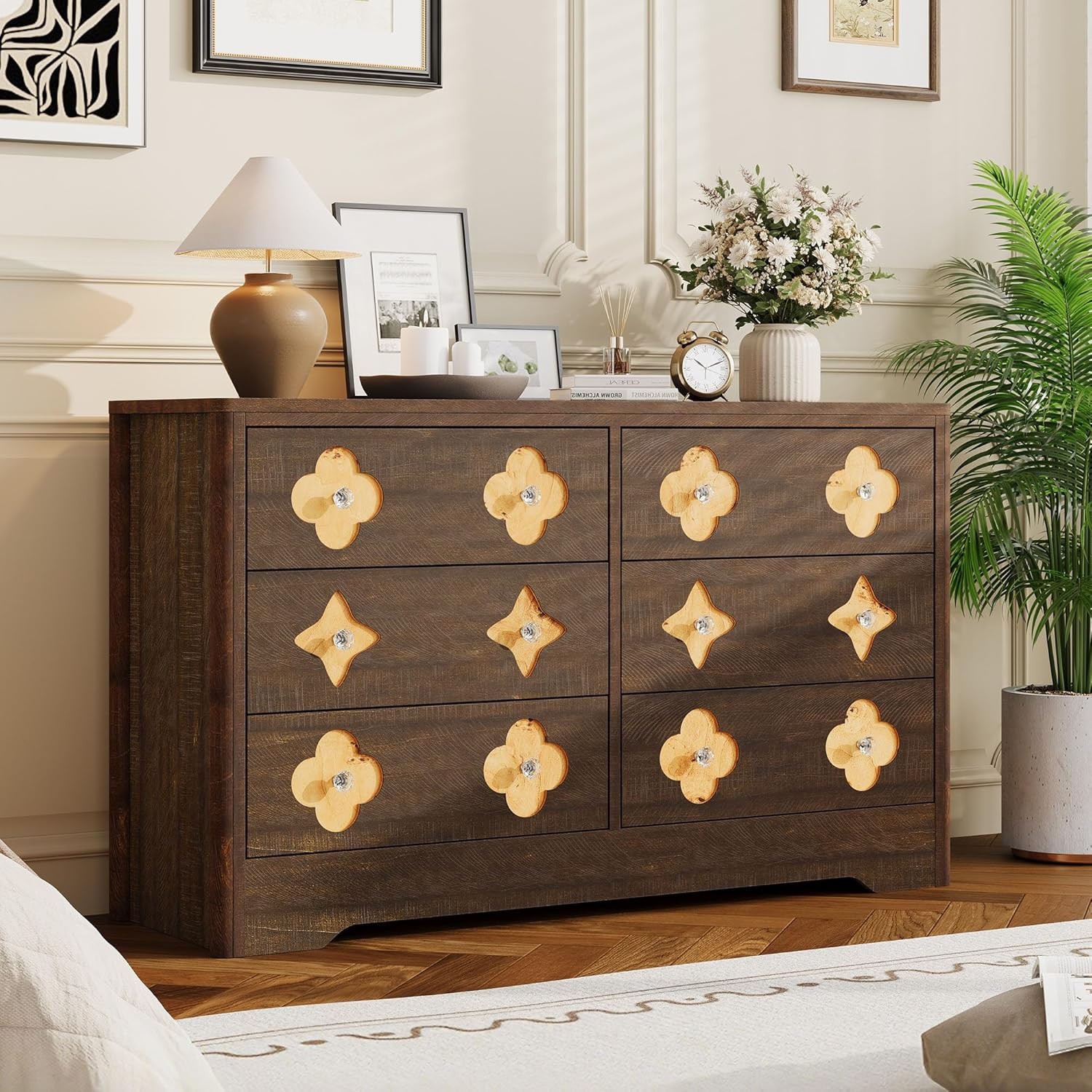Garvee Dresser for Bedroom with 6 Drawers 47.2'' Wide Chest of Large Decorative Drawer Front with Large Clothes Storage Cabinet Wood Bedroom Dresser | Lowe's