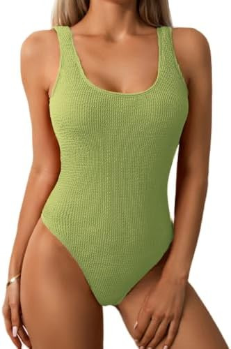 Limeeke Women One Piece Swimsuit Solid Ribbed Monokini Swimwear Scoop Neck Low Back Bathing Suit | Amazon (US)