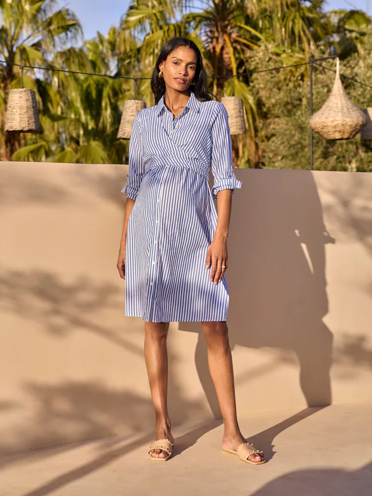 Seraphine Mid Blue & White Stripe Maternity & Nursing Midi Wrap Shirt Dress | Next US