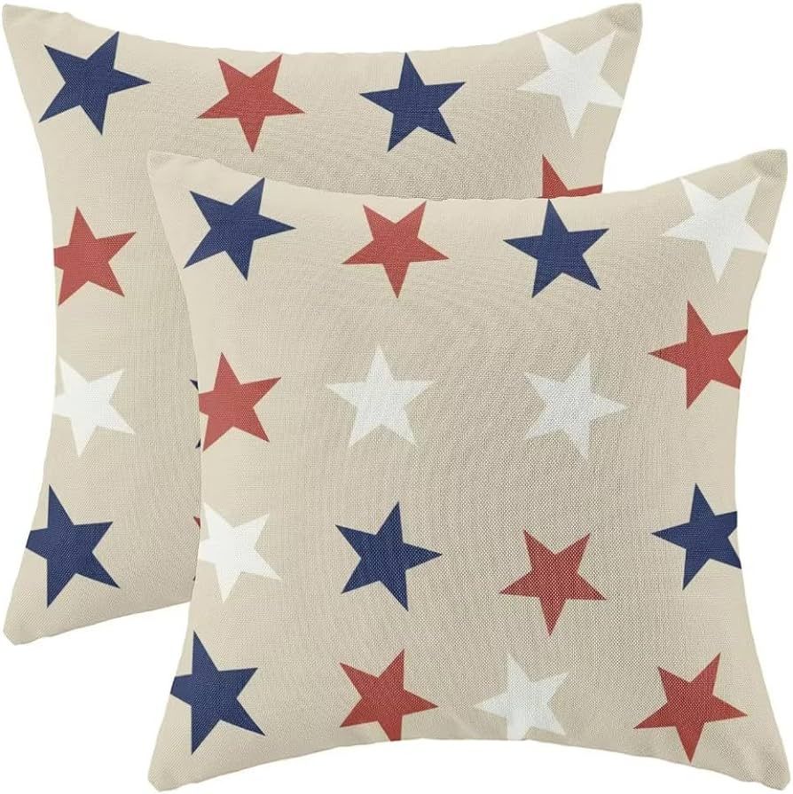 4th of July Throw Pillow Cover, 18x18 Inch Set of 2 Blue Red White Stars Patriotic Decorative Out... | Amazon (US)