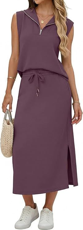 Lepunuo Women Skirt Sets 2 Piece Outfits Casual Half Zip Lapel Cap Sleeve Tops Split Maxi Skirt A... | Amazon (US)