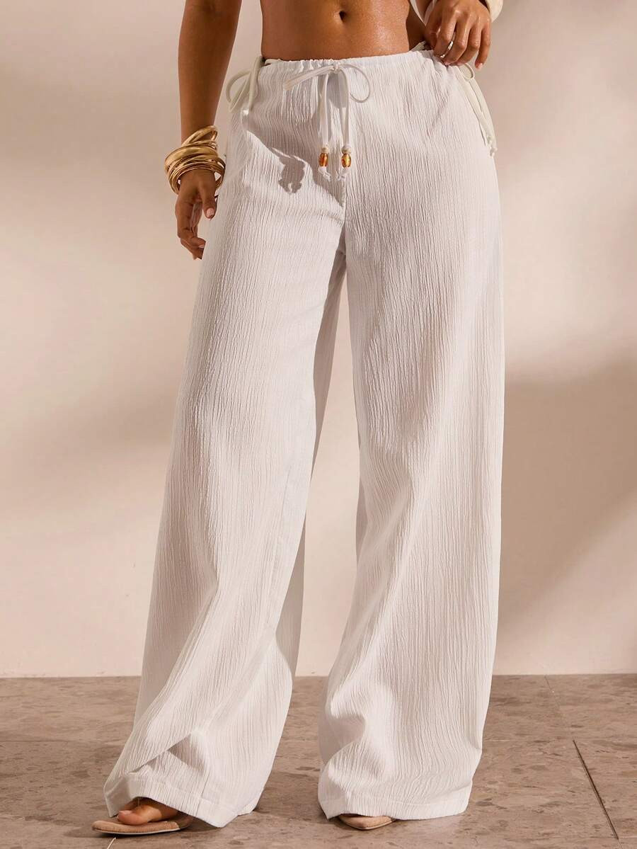 Opulessa Women's Casual Vacation Solid Color Drawstring Waist Loose Wide Leg Cover-Up Pants | SHEIN
