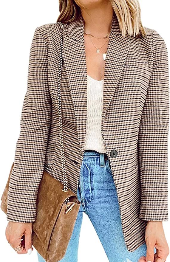 Sidefeel Women Plaid Print Outwear Work Office Suit Jacket Casual Blazers Coat Large Khaki at Ama... | Amazon (US)