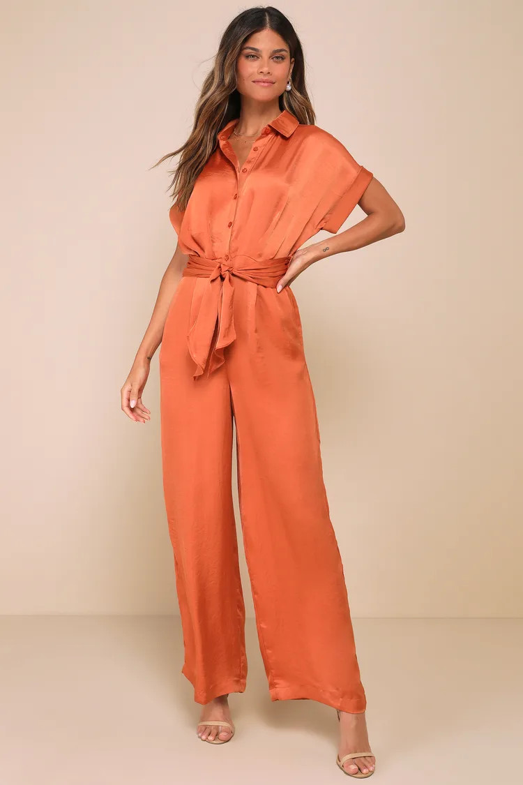 Tori Rust Orange Satin Tie-Front Button-Up Collared Jumpsuit | Lulus