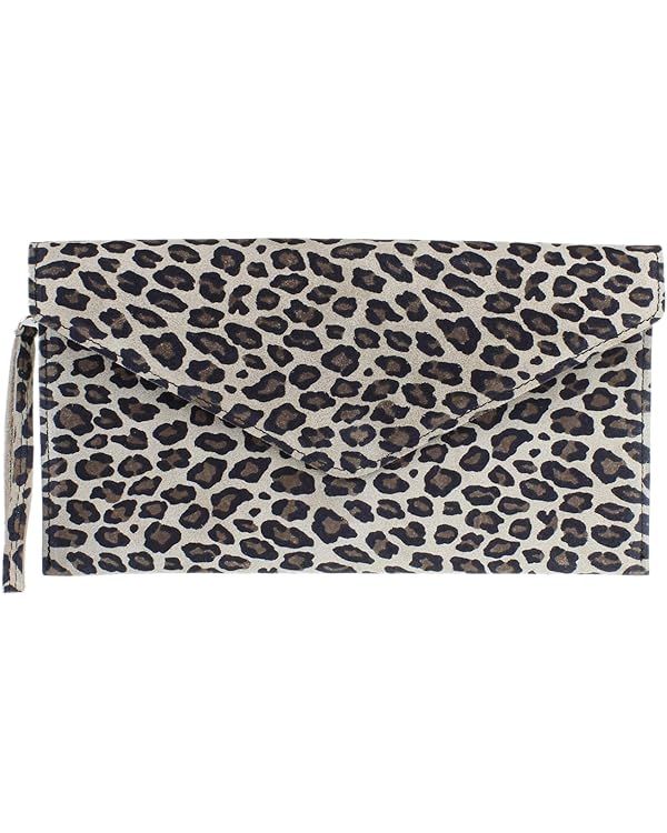 Girly Handbags Womens Italian Suede Leather Envelope Clutch Bag (Small Leopard) | Amazon (UK)