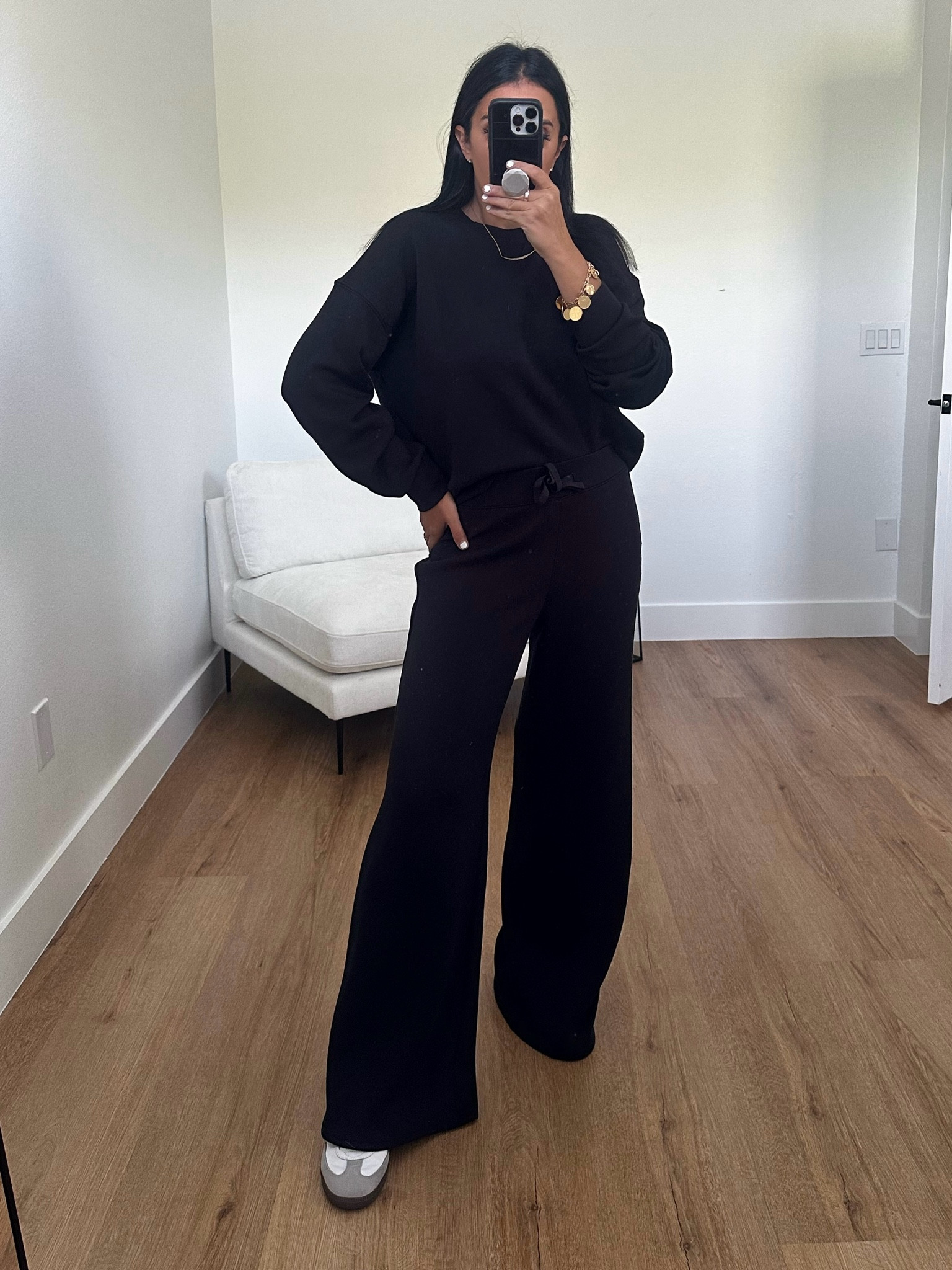 Spanx AirEssentials Wide Leg Pant. AirEssentials Crew. Adidas Sambas