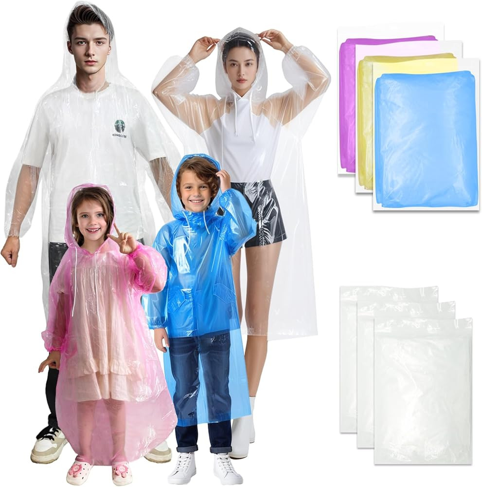 Disposable Rain Ponchos Family Pack, Clear with Hood, Lightweight for Adults | Amazon (US)