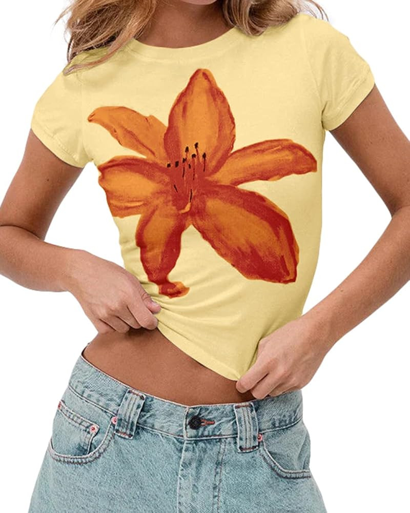 Cioatin Women Y2K Short Sleeve Flower Graphic Baby Tee Shirt Vintage Aesthetic Floral Print Summe... | Amazon (US)