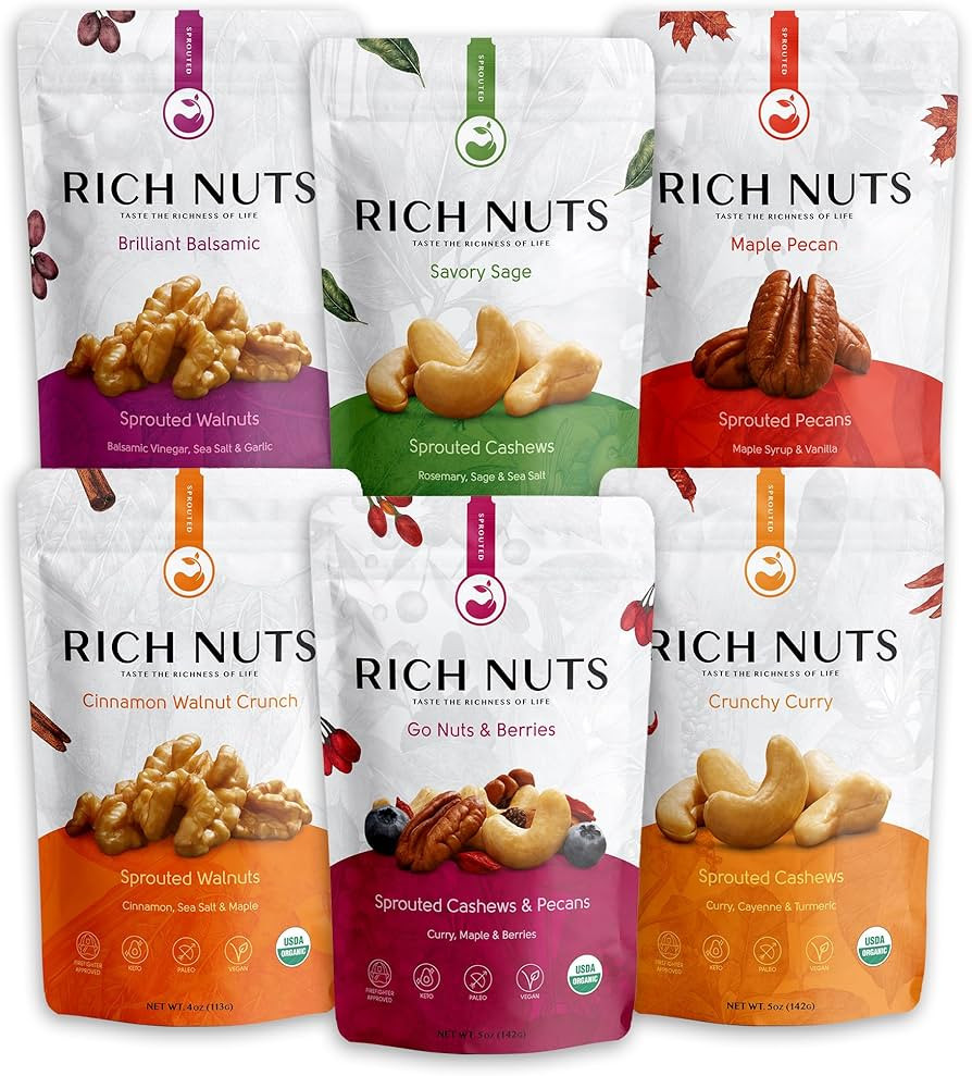 Rich Nuts Variety Pack Sprouted Nuts | Gourmet Flavored Pecans, Walnuts, and Trail Mix | Vegan, P... | Amazon (US)