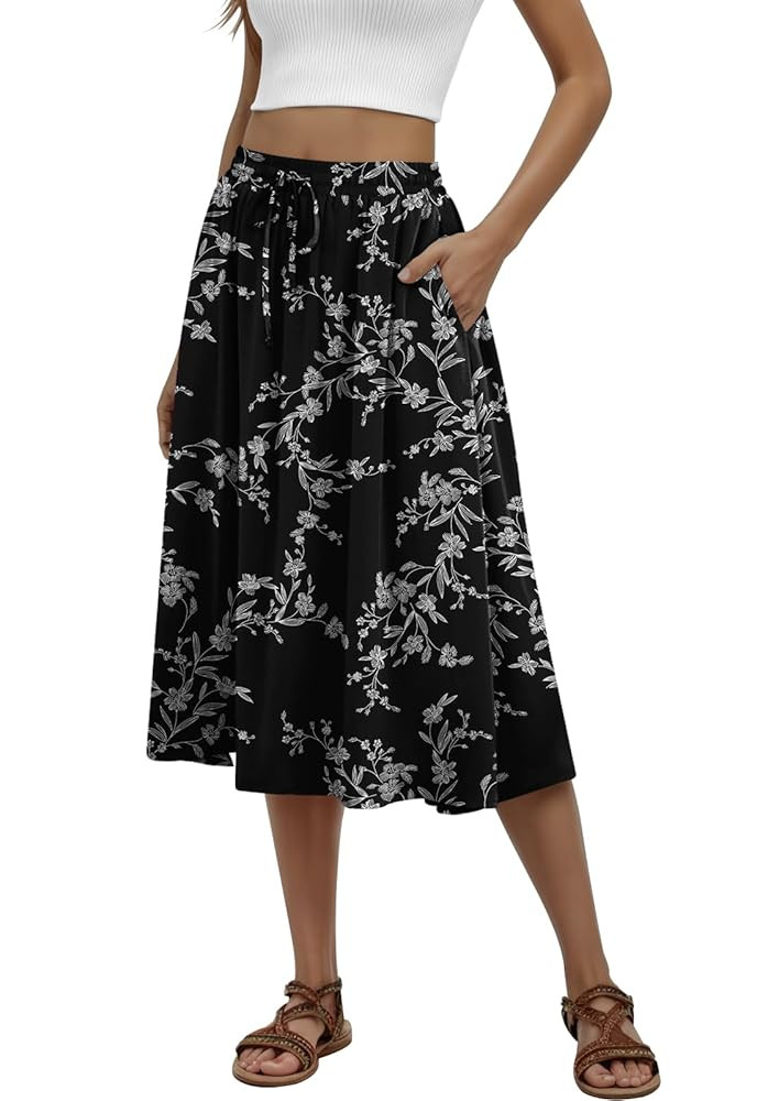 Women's Midi Skirt Summer Pleated Flowy Elastic High Waisted Skirts with Pockets | Amazon (US)