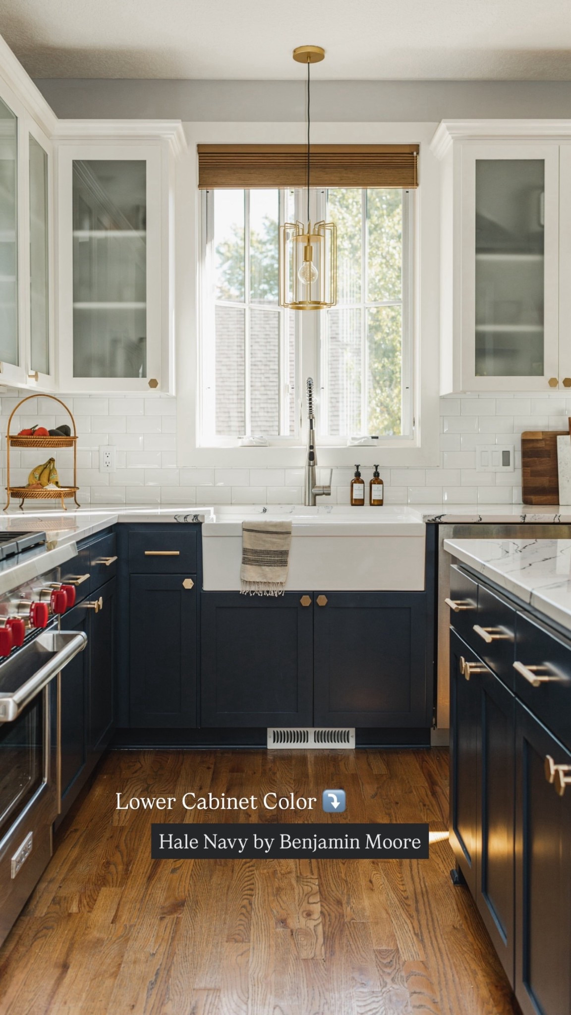 Kitchen inspiration from our #xerxesave project.🤍 Complete with Hale Navy lower cabinets. White beveled subway tile, brass hex hardware, and a white apron sink to finish off the look. Be sure to comment if you have questions, as I’ll always respond! @Article @Wayfair @Target 

#LTKHome