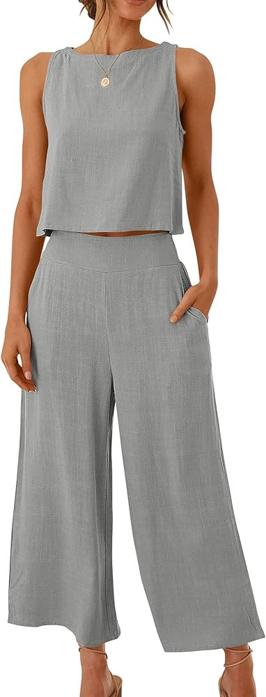 ANRABESS Women's Summer 2 Piece Outfits Sleeveless Tank Crop Button Back Top Capri Wide Leg Pants... | Amazon (US)