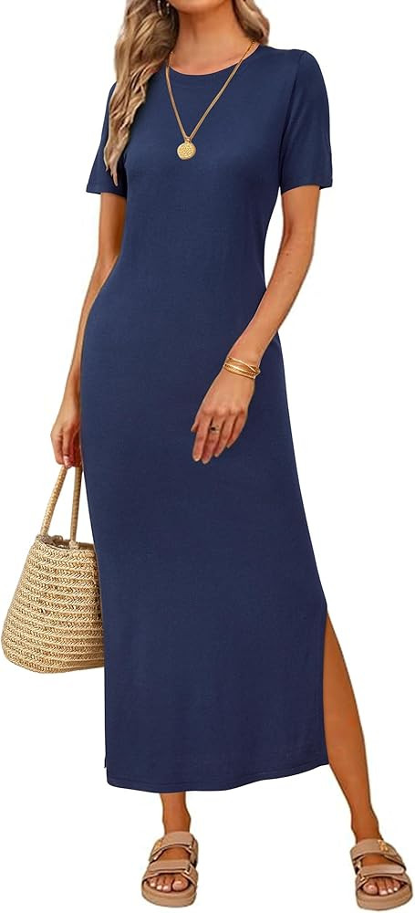 Arach&Cloz Womens Summer Casual Short Sleeve Crew Neck Wool Blend T Shirt Split Maxi Long Dress 2... | Amazon (US)