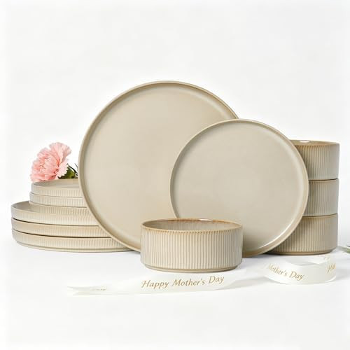 Stoneware Dinnerware Sets, Plates and Bowls Sets for 4, 12-Piece Ribbed Dishes – Chip & Scratch... | Amazon (US)