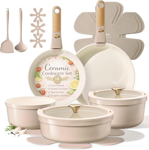 CAROTE 18 Pcs Ceramic Cookware Set Titanium Nonstick with Detachable Handles, Non Toxic Cookware,... | Amazon (US)