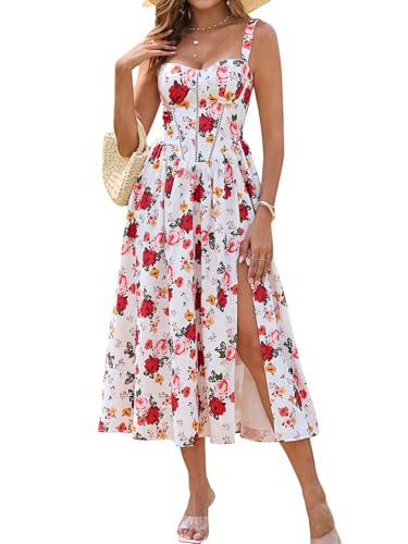 KUTUMAI Floral Corset Midi Dress Flowy Slit Summer Spring Wedding Guest Dresses for Women Sundress with Pockets MultiRose M | Amazon (US)