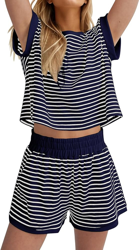 MISSACTIVER 2 Piece Lounge Set Women Stripe Knit Short Sleeve Tee Shirts Shorts Casual Summer Lou... | Amazon (US)