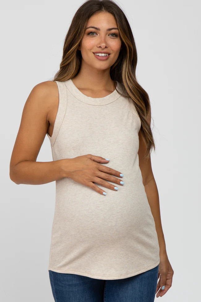 Beige Ribbed Sleeveless Maternity Top | PinkBlush Maternity