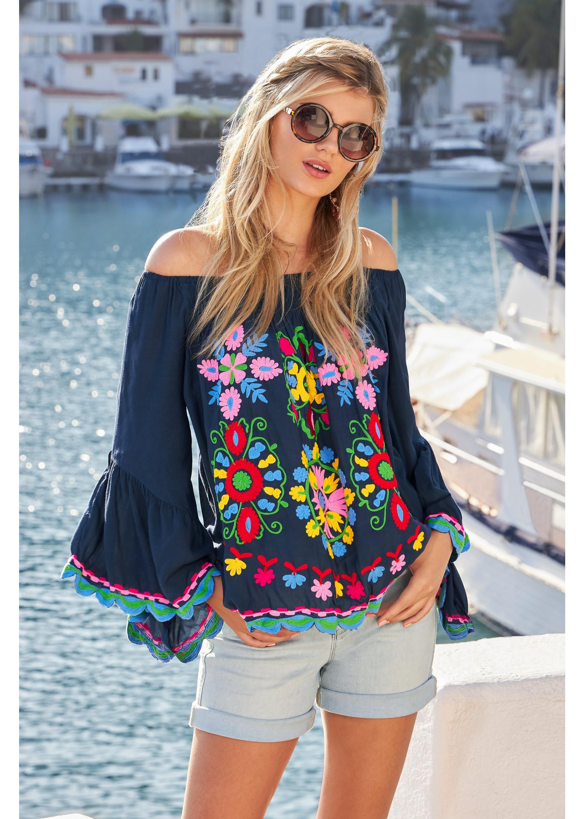 Floral Embroidered Off-The-Shoulder Flare-Sleeve Top | Boston Proper