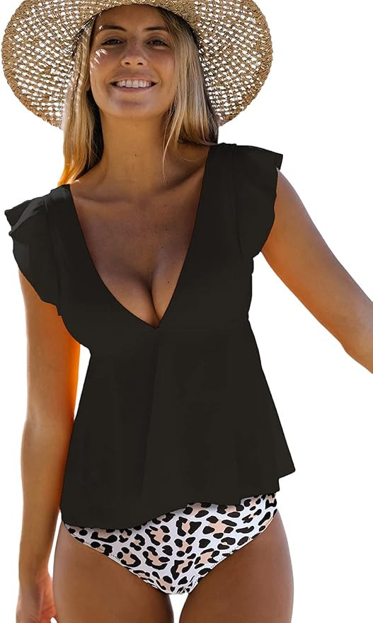 Beachsissi Women V Neck Tankini Swimsuit Ruffled Shoulder Floral Bathing Suit | Amazon (US)