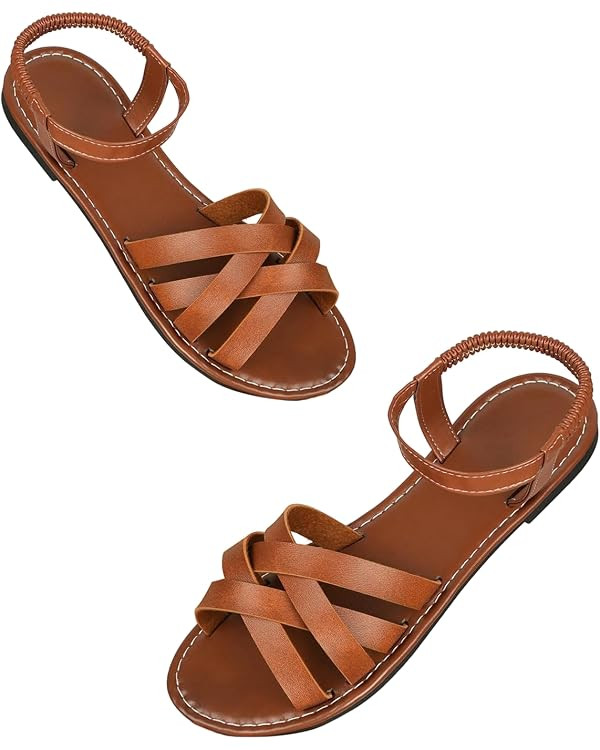 GORGLITTER Women's Gladiator Strappy Sandals Dressy Criss Cross Brown Flats | Wedding Guest Vacat... | Amazon (US)