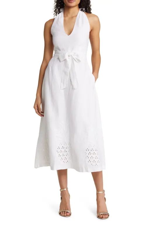 Tommy Bahama Pineapple Embroidered Halter Linen Midi Dress in White at Nordstrom, Size 2 | Nordstrom