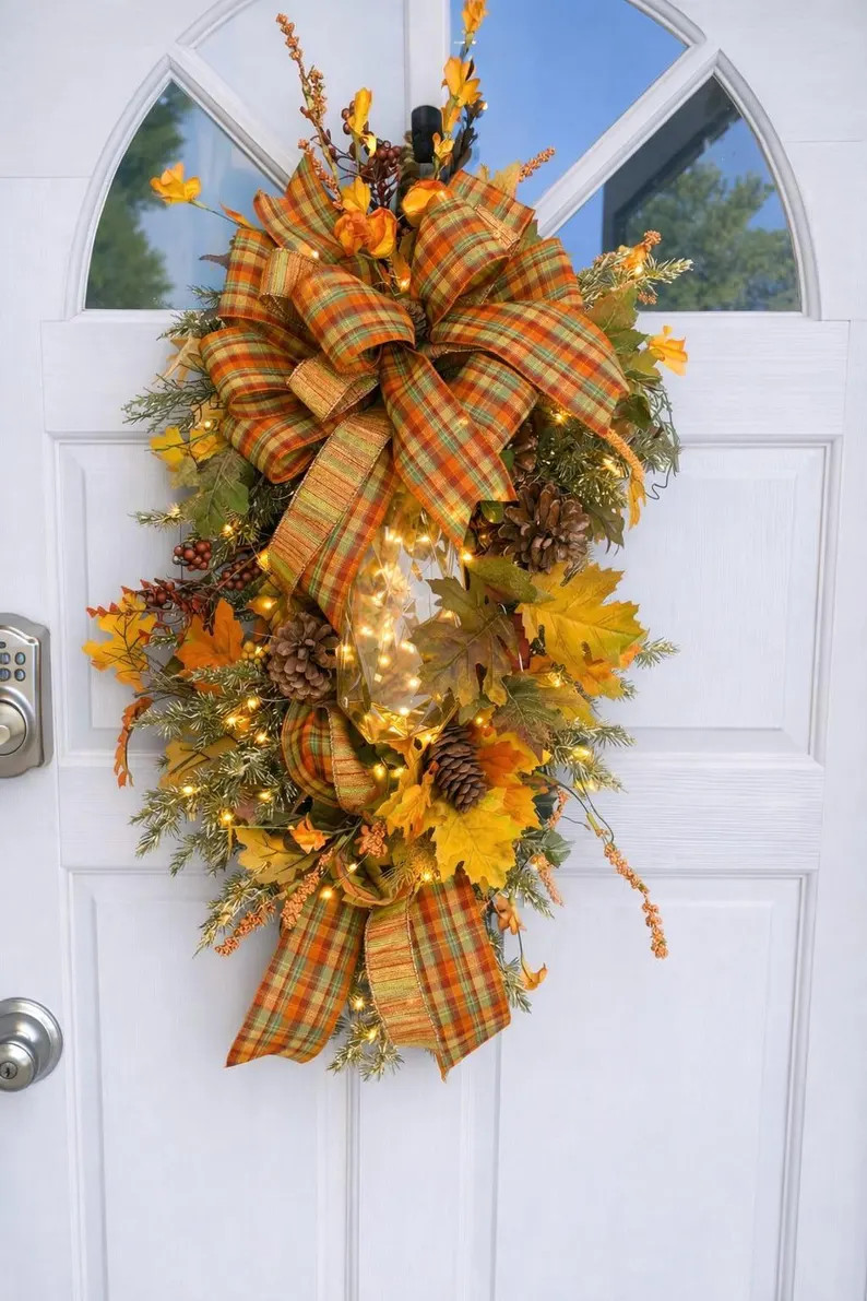 Pre-lit Fall Swag, Autumn Harvest Door Decor, Remote-controlled Fairy Lights - Etsy | Etsy (Global)