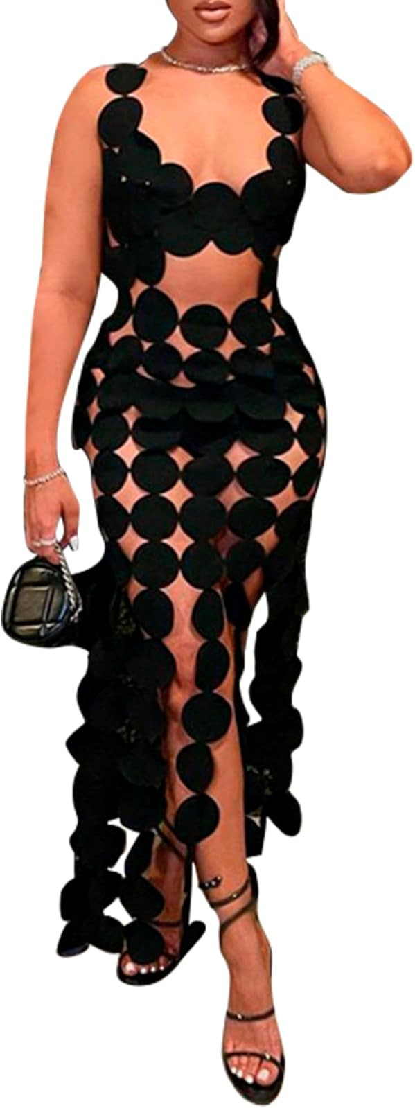 Women's Sexy Hollow Out Dot Sleeveless Long Dress Low-Cut Cut Out Backless Tassel Club Dress | Amazon (US)