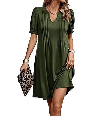 SHENHE Women's Summer Dresses V Neck Short Sleeve Plicated Detail T Shirts Dress | Amazon (US)