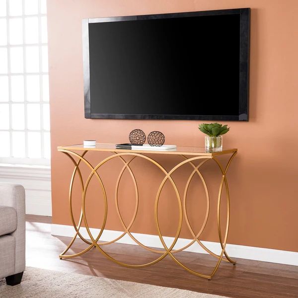 Milani Gold Geometric Console Table w/ Mirrored Table Top | Bed Bath & Beyond