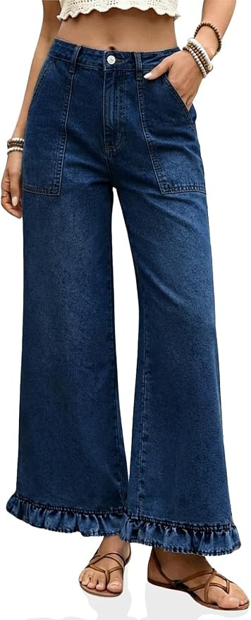 Cicy Bell Womens Ruffle Jeans Cropped High Waisted Baggy Trendy Denim Pants | Stretchy jeans with... | Amazon (US)